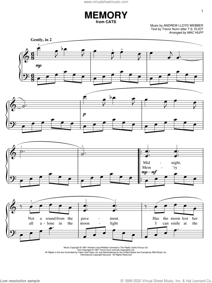 Memory (from Cats) (arr. Mac Huff) sheet music for piano solo by Andrew Lloyd Webber, Barbra Streisand, Cats (Musical), M Huff and Trevor Nunn, easy skill level