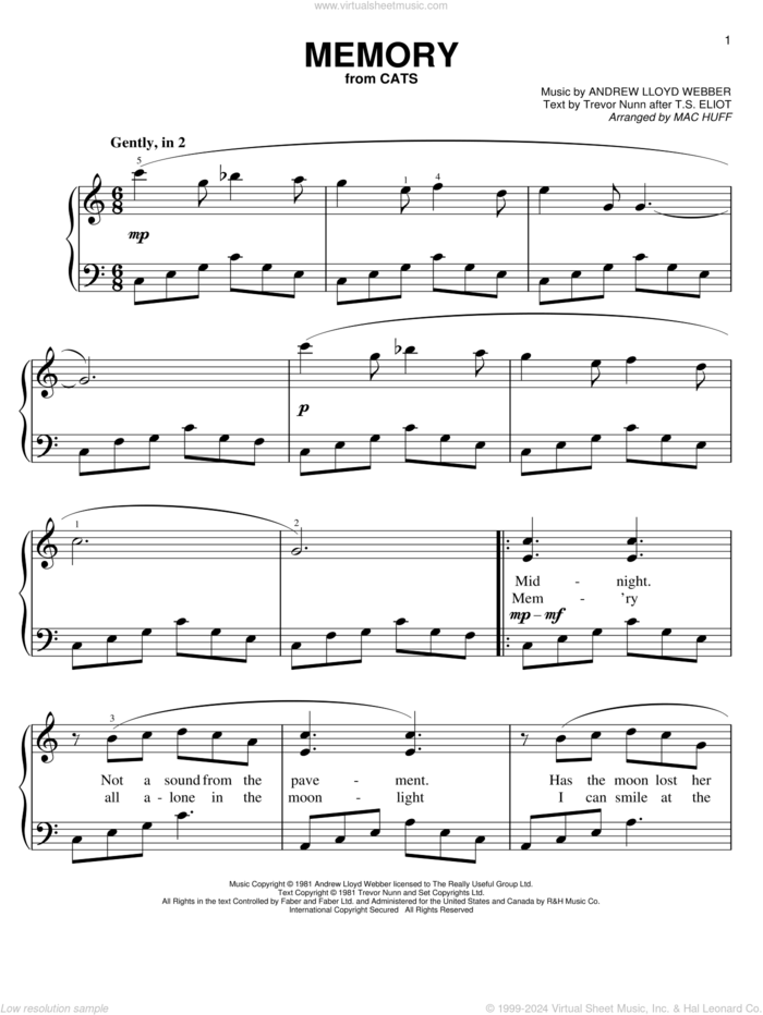 Memory (from Cats) (arr. Mac Huff) sheet music for piano solo by Andrew Lloyd Webber, Barbra Streisand, Cats (Musical), M Huff and Trevor Nunn, easy skill level