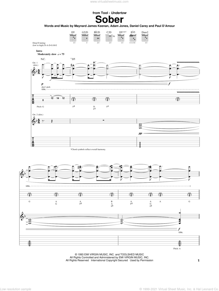 Sober sheet music for guitar (tablature) by Tool, Adam Jones, Daniel Carey and Maynard James Keenan, intermediate skill level