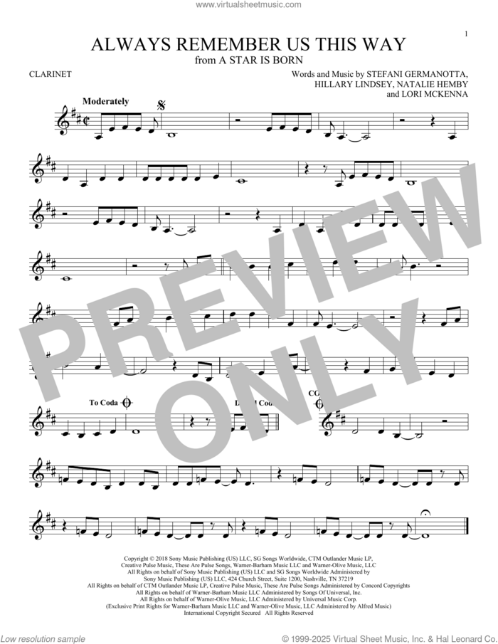 Always Remember Us This Way (from A Star Is Born) sheet music for clarinet solo by Lady Gaga, Hillary Lindsey, Lori McKenna and Natalie Hemby, intermediate skill level
