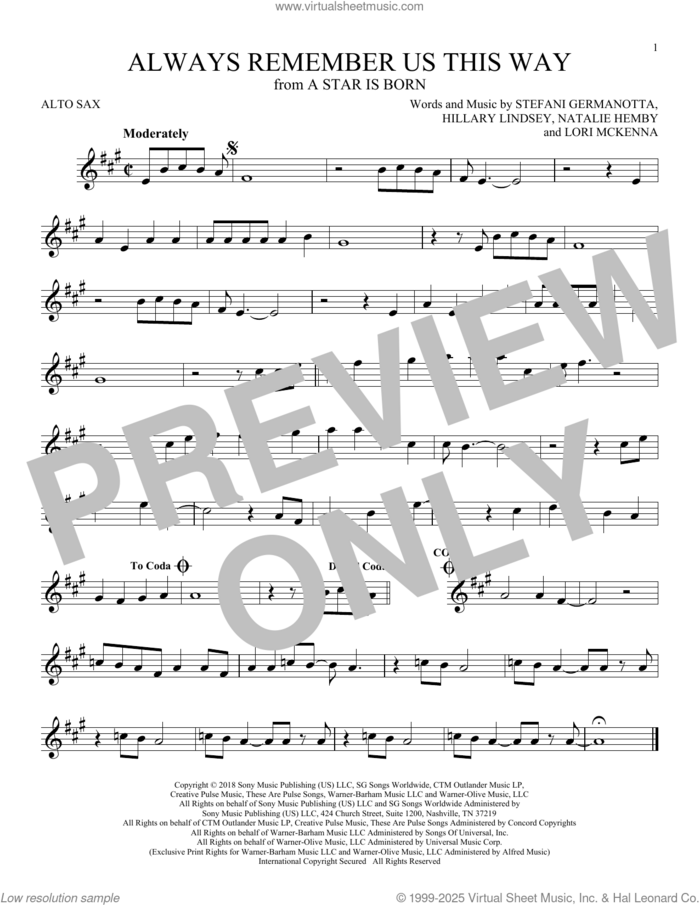 Always Remember Us This Way (from A Star Is Born) sheet music for alto saxophone solo by Lady Gaga, Hillary Lindsey, Lori McKenna and Natalie Hemby, intermediate skill level