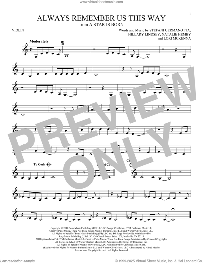 Always Remember Us This Way (from A Star Is Born) sheet music for violin solo by Lady Gaga, Hillary Lindsey, Lori McKenna and Natalie Hemby, intermediate skill level