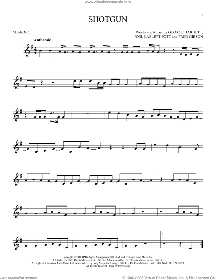 Shotgun sheet music for clarinet solo by George Ezra, Fred Gibson, George Barnett and Joel Laslett Pott, intermediate skill level