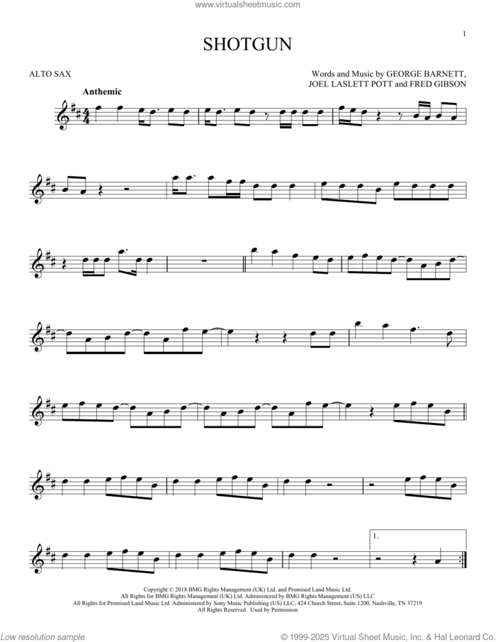 Shotgun sheet music for alto saxophone solo by George Ezra, Fred Gibson, George Barnett and Joel Laslett Pott, intermediate skill level
