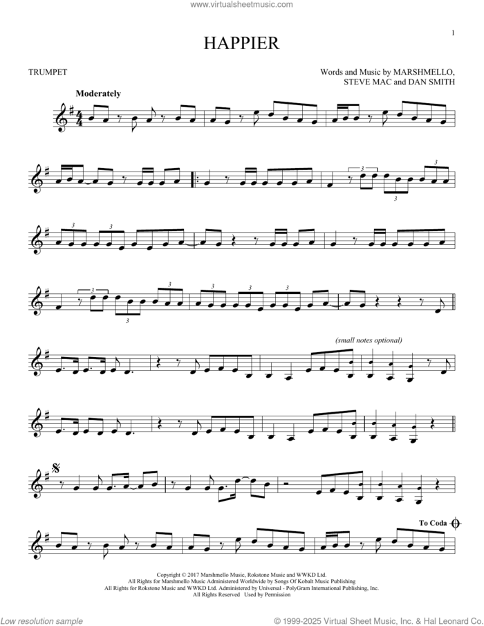 Happier sheet music for trumpet solo by Marshmello & Bastille, Dan Smith, Marshmello and Steve Mac, intermediate skill level