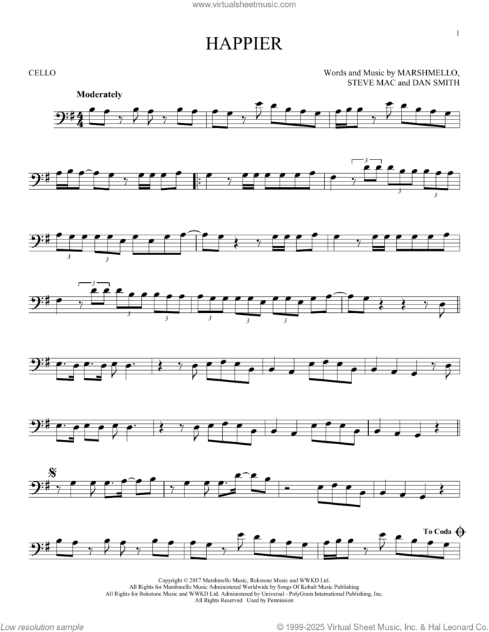 Happier sheet music for cello solo by Marshmello & Bastille, Dan Smith, Marshmello and Steve Mac, intermediate skill level