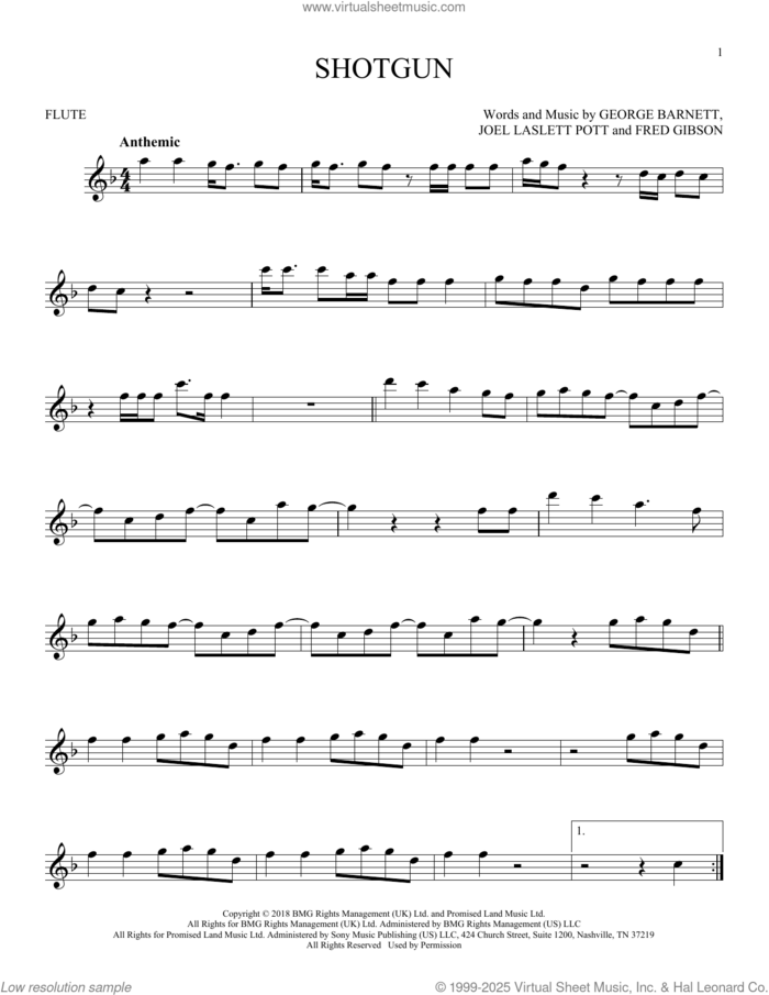 Shotgun sheet music for flute solo by George Ezra, Fred Gibson, George Barnett and Joel Laslett Pott, intermediate skill level