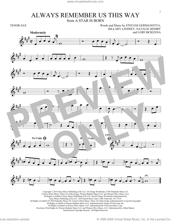 Always Remember Us This Way (from A Star Is Born) sheet music for tenor saxophone solo by Lady Gaga, Hillary Lindsey, Lori McKenna and Natalie Hemby, intermediate skill level