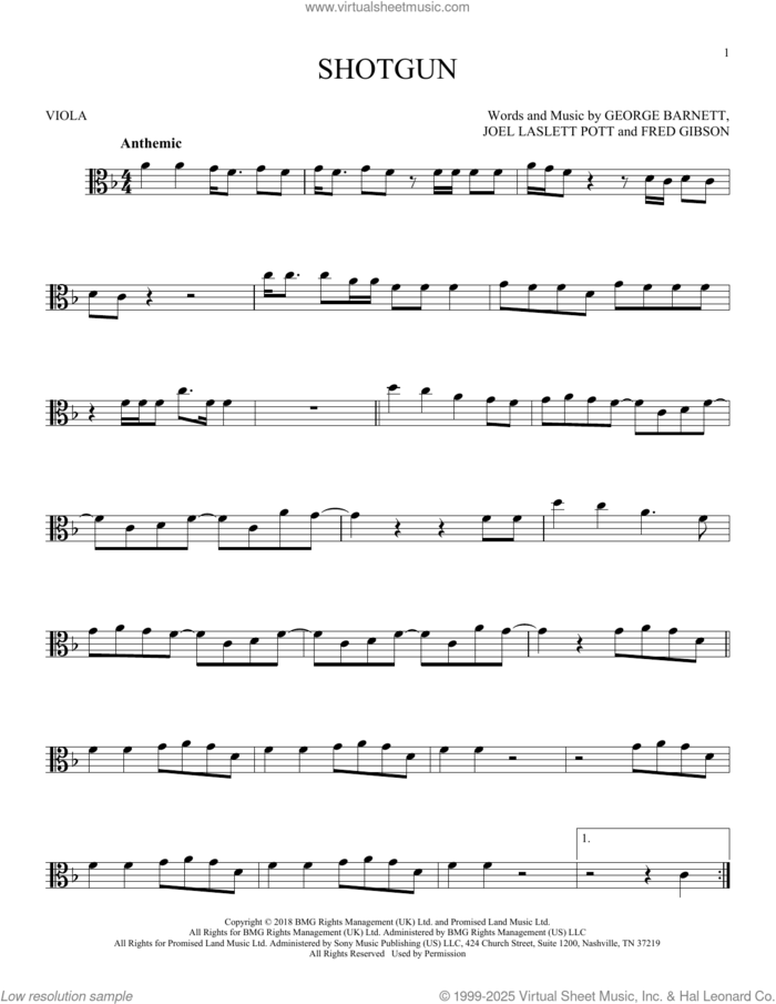 Shotgun sheet music for viola solo by George Ezra, Fred Gibson, George Barnett and Joel Laslett Pott, intermediate skill level