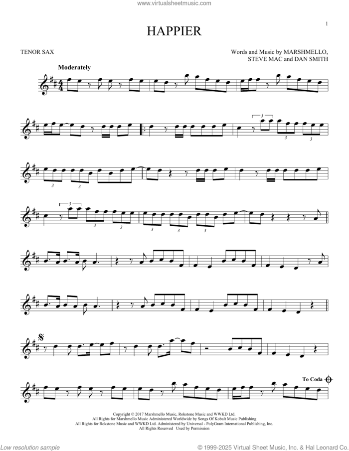 Happier sheet music for tenor saxophone solo by Marshmello & Bastille, Dan Smith, Marshmello and Steve Mac, intermediate skill level