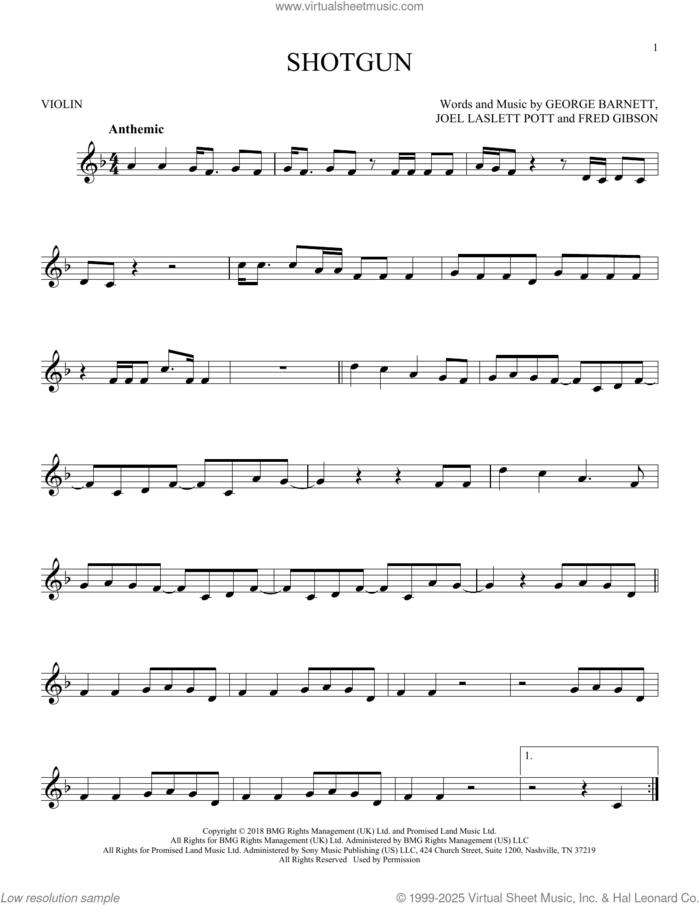 Shotgun sheet music for violin solo by George Ezra, Fred Gibson, George Barnett and Joel Laslett Pott, intermediate skill level