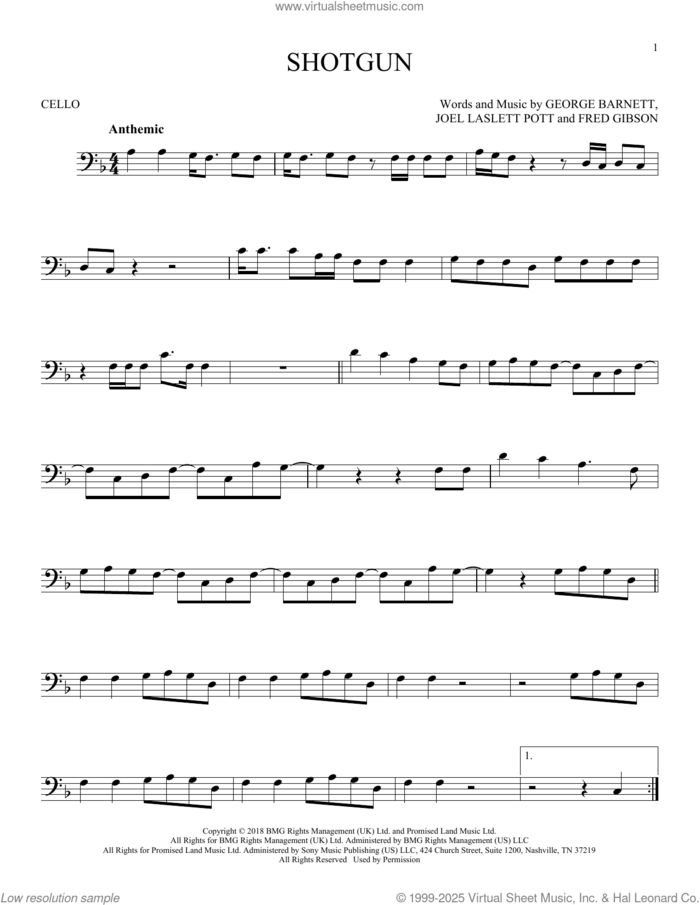 Shotgun sheet music for cello solo by George Ezra, Fred Gibson, George Barnett and Joel Laslett Pott, intermediate skill level