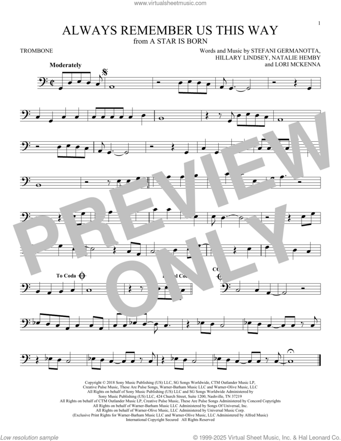 Always Remember Us This Way (from A Star Is Born) sheet music for trombone solo by Lady Gaga, Hillary Lindsey, Lori McKenna and Natalie Hemby, intermediate skill level