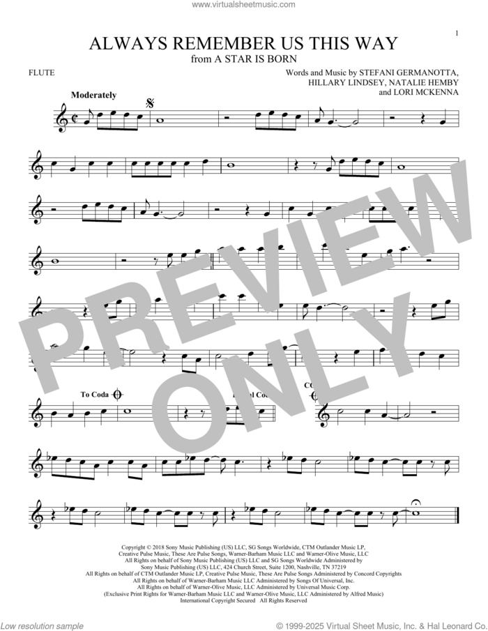 Always Remember Us This Way (from A Star Is Born) sheet music for flute solo by Lady Gaga, Hillary Lindsey, Lori McKenna and Natalie Hemby, intermediate skill level