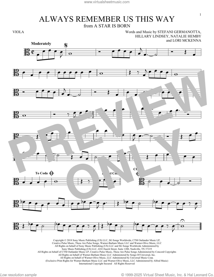 Always Remember Us This Way (from A Star Is Born) sheet music for viola solo by Lady Gaga, Hillary Lindsey, Lori McKenna and Natalie Hemby, intermediate skill level