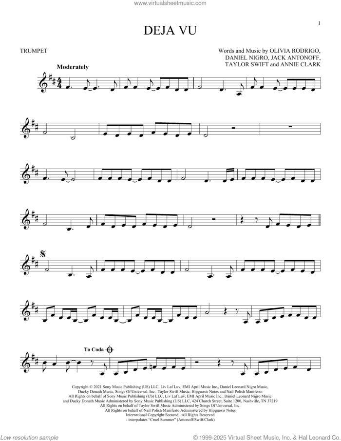 deja vu sheet music for trumpet solo by Olivia Rodrigo, Annie Clark, Daniel Nigro, Jack Antonoff and Taylor Swift, intermediate skill level