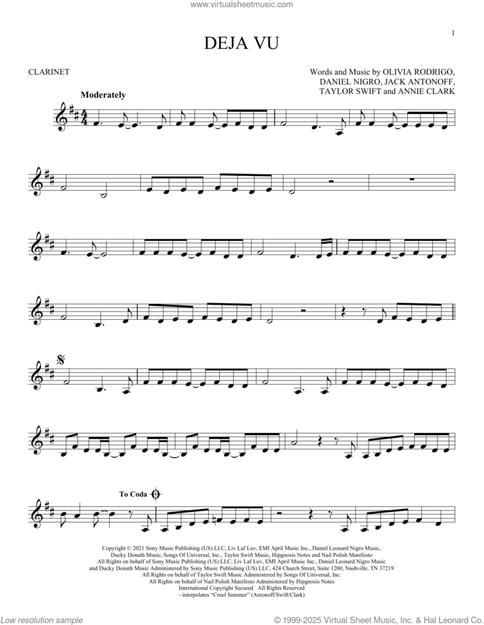 deja vu sheet music for clarinet solo by Olivia Rodrigo, Annie Clark, Daniel Nigro, Jack Antonoff and Taylor Swift, intermediate skill level