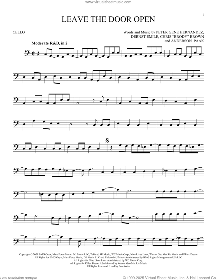Leave The Door Open sheet music for cello solo by Silk Sonic, Anderson .Paak, Bruno Mars, Brandon Paak Anderson, Christopher Brody Brown, Dernst Emile II and Peter Gene Hernandez, intermediate skill level
