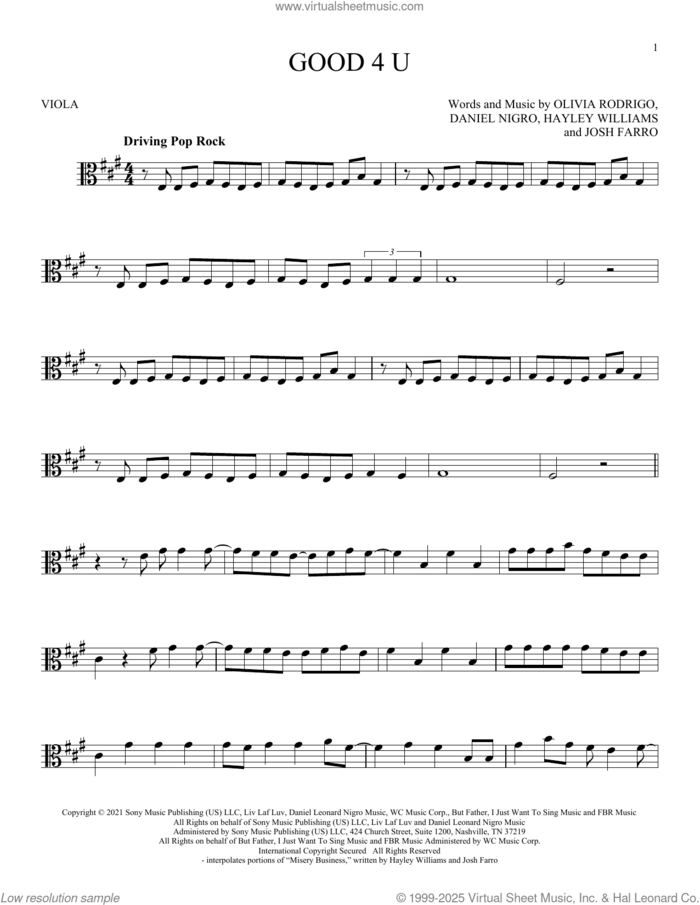 good 4 u sheet music for viola solo by Olivia Rodrigo, Daniel Nigro, Hayley Williams and Josh Farro, intermediate skill level