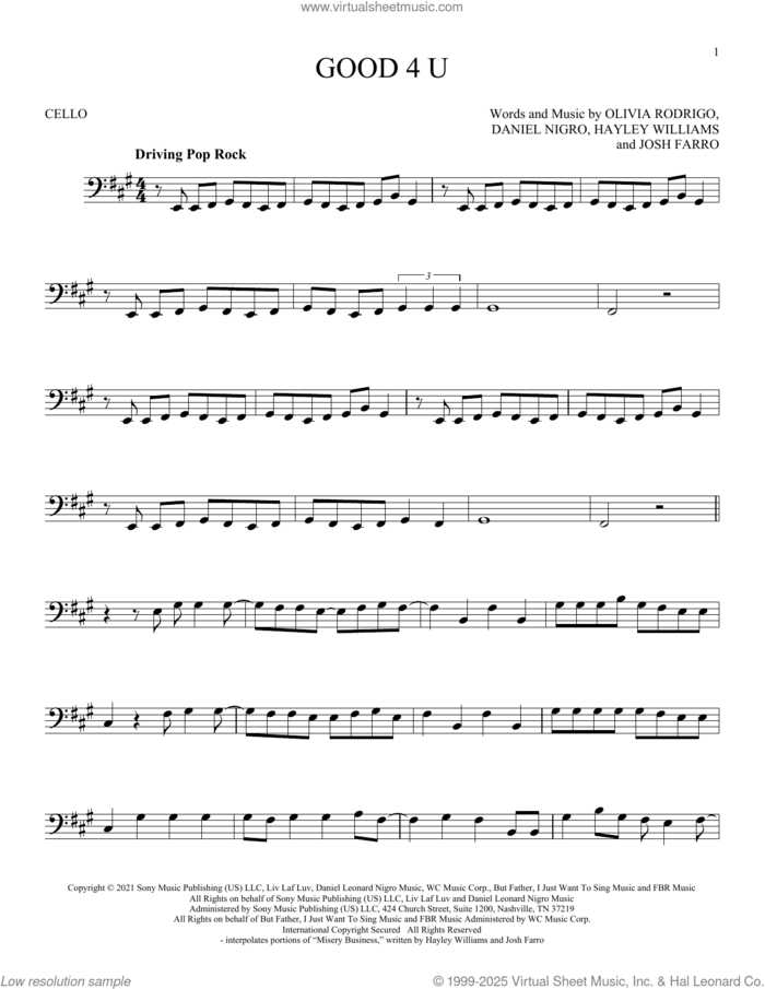good 4 u sheet music for cello solo by Olivia Rodrigo, Daniel Nigro, Hayley Williams and Josh Farro, intermediate skill level