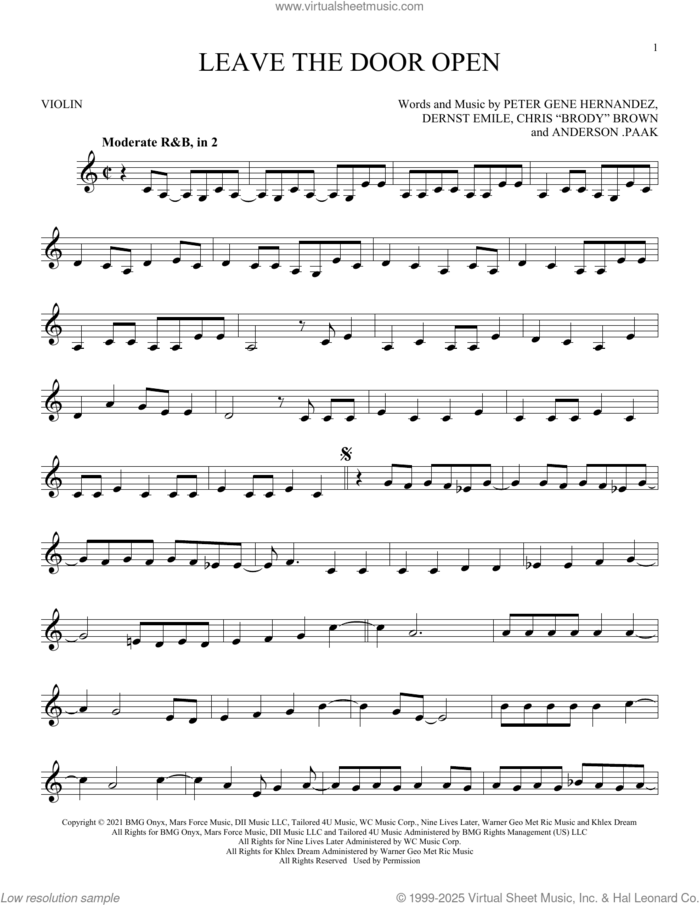 Leave The Door Open sheet music for violin solo by Silk Sonic, Anderson .Paak, Bruno Mars, Brandon Paak Anderson, Christopher Brody Brown, Dernst Emile II and Peter Gene Hernandez, intermediate skill level