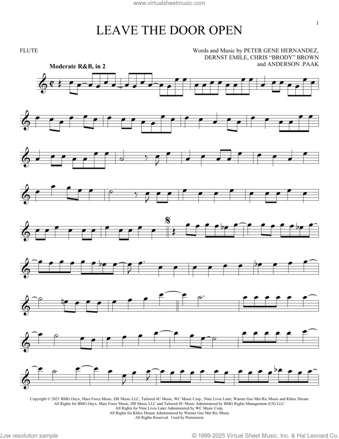 Leave The Door Open sheet music for flute solo by Silk Sonic, Anderson .Paak, Bruno Mars, Brandon Paak Anderson, Christopher Brody Brown, Dernst Emile II and Peter Gene Hernandez, intermediate skill level
