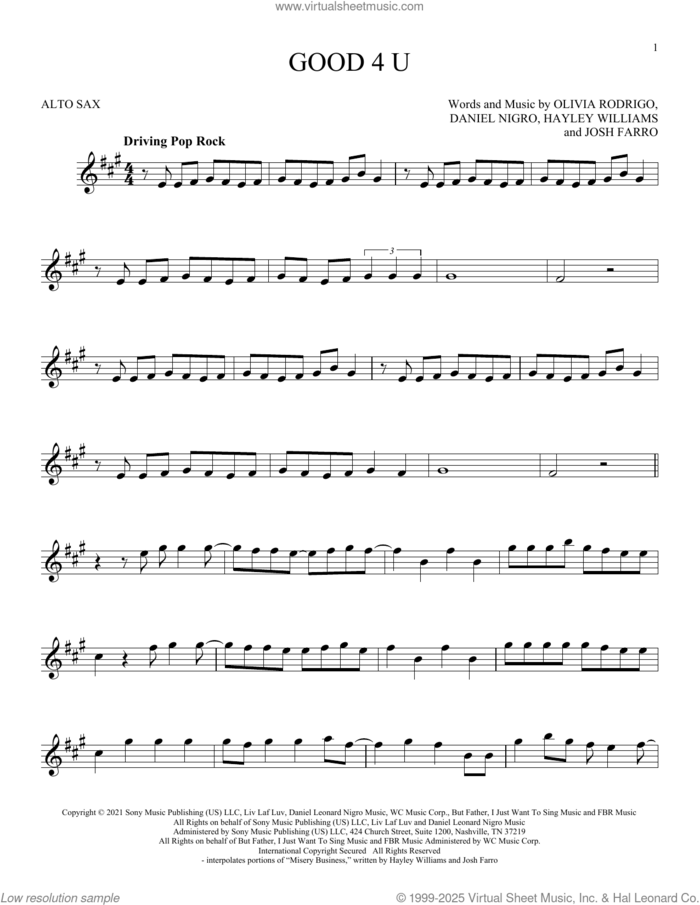 good 4 u sheet music for alto saxophone solo by Olivia Rodrigo, Daniel Nigro, Hayley Williams and Josh Farro, intermediate skill level
