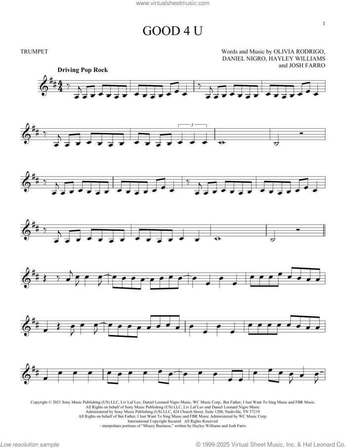 deja vu sheet music for trumpet solo by Olivia Rodrigo, Daniel Nigro, Hayley Williams and Josh Farro, intermediate skill level