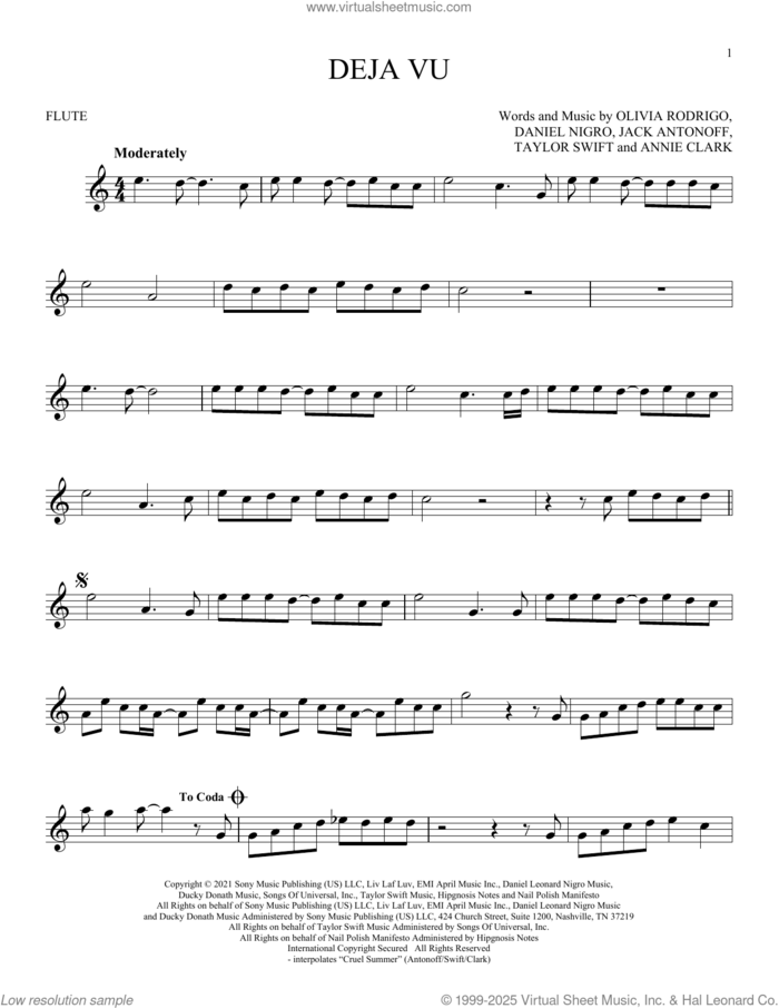 deja vu sheet music for flute solo by Olivia Rodrigo, Annie Clark, Daniel Nigro, Jack Antonoff and Taylor Swift, intermediate skill level