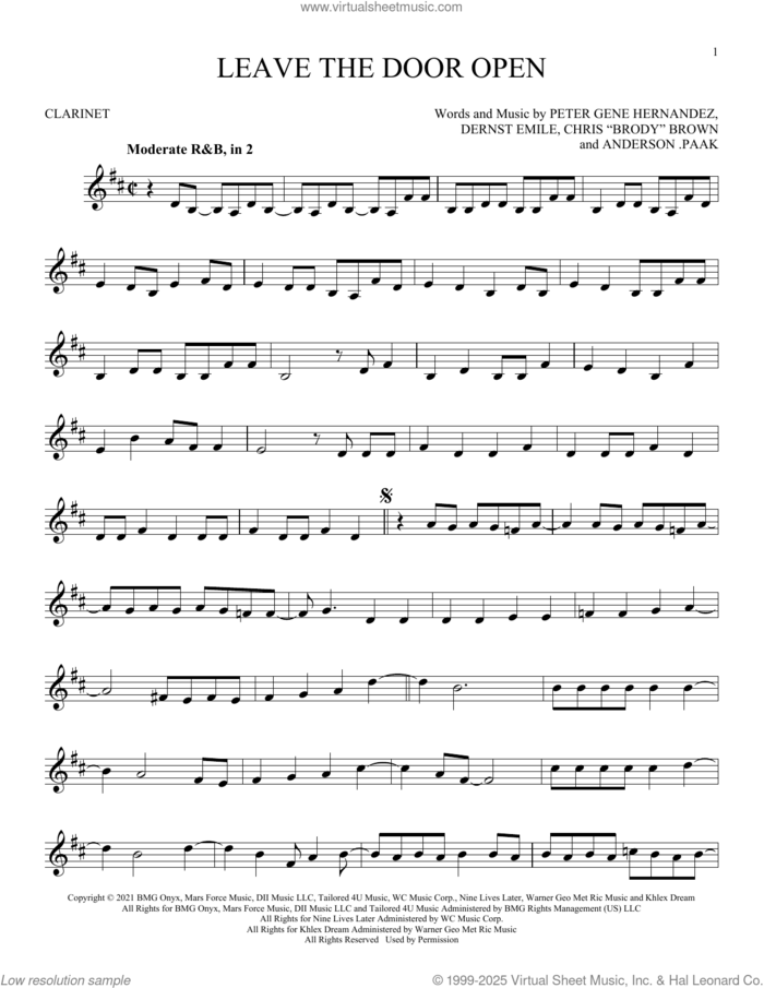 Leave The Door Open sheet music for clarinet solo by Silk Sonic, Anderson .Paak, Bruno Mars, Brandon Paak Anderson, Christopher Brody Brown, Dernst Emile II and Peter Gene Hernandez, intermediate skill level