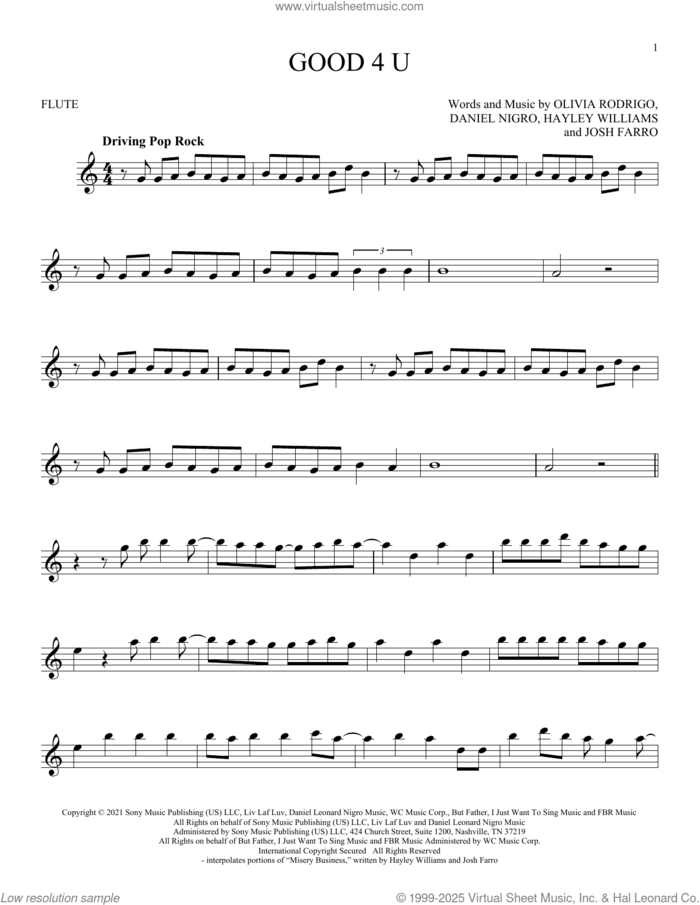 good 4 u sheet music for flute solo by Olivia Rodrigo, Daniel Nigro, Hayley Williams and Josh Farro, intermediate skill level
