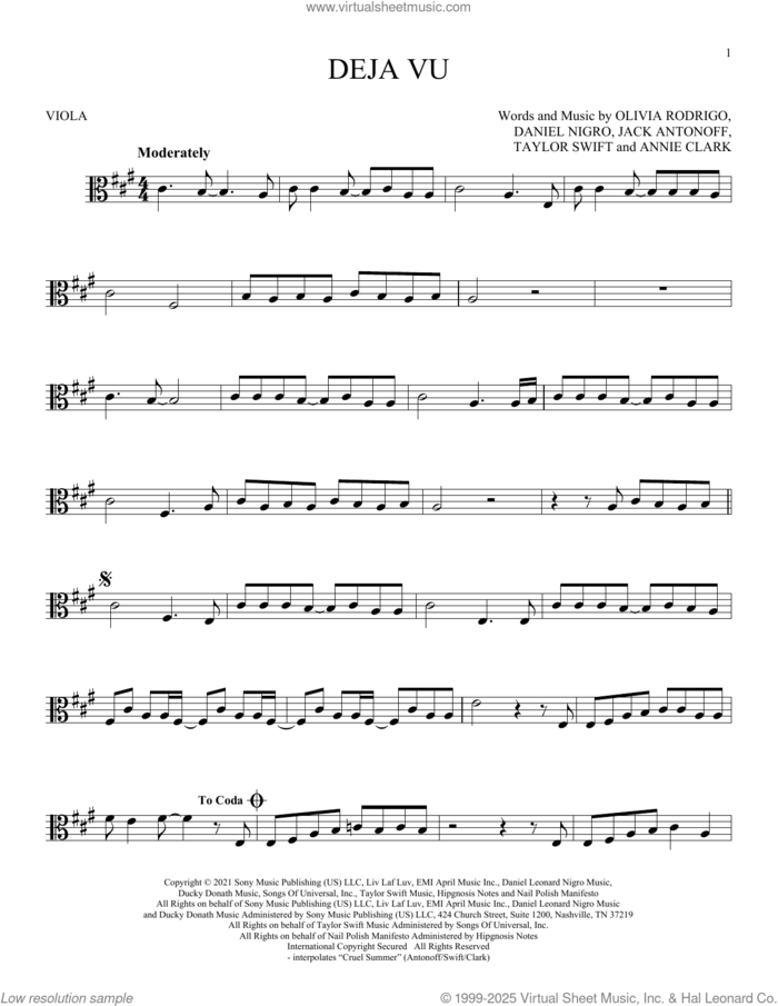 deja vu sheet music for viola solo by Olivia Rodrigo, Annie Clark, Daniel Nigro, Jack Antonoff and Taylor Swift, intermediate skill level