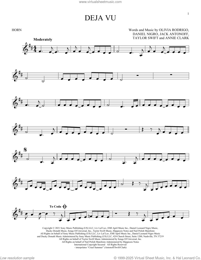 deja vu sheet music for horn solo by Olivia Rodrigo, Annie Clark, Daniel Nigro, Jack Antonoff and Taylor Swift, intermediate skill level