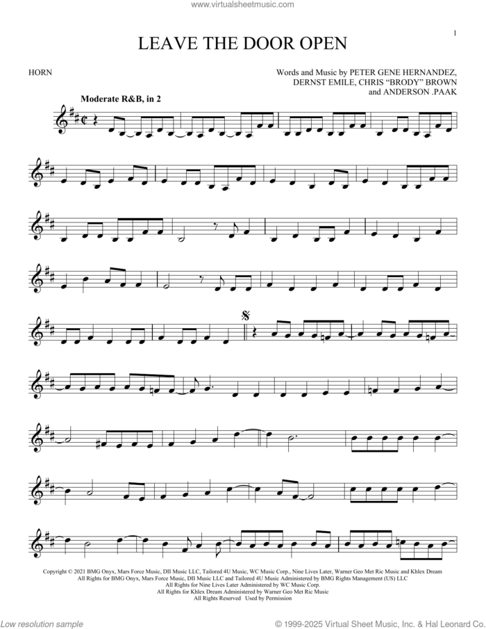 Leave The Door Open sheet music for horn solo by Silk Sonic, Anderson .Paak, Bruno Mars, Brandon Paak Anderson, Christopher Brody Brown, Dernst Emile II and Peter Gene Hernandez, intermediate skill level