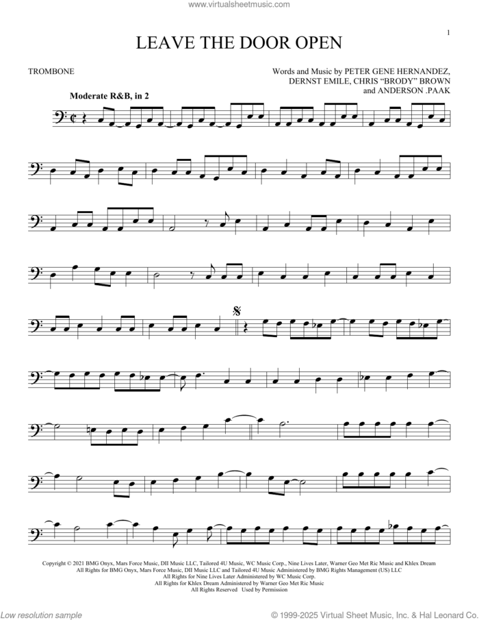 Leave The Door Open sheet music for trombone solo by Silk Sonic, Anderson .Paak, Bruno Mars, Brandon Paak Anderson, Christopher Brody Brown, Dernst Emile II and Peter Gene Hernandez, intermediate skill level