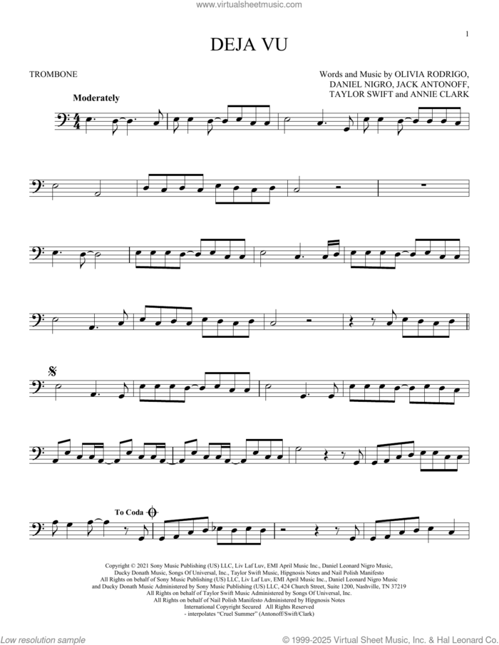 deja vu sheet music for trombone solo by Olivia Rodrigo, Annie Clark, Daniel Nigro, Jack Antonoff and Taylor Swift, intermediate skill level