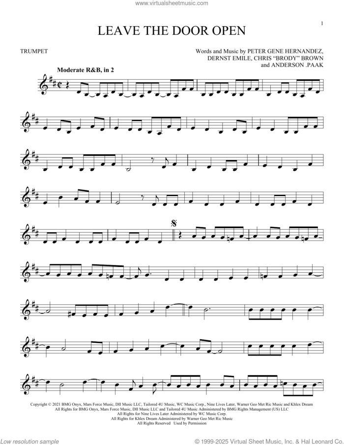 Leave The Door Open sheet music for trumpet solo by Silk Sonic, Anderson .Paak, Bruno Mars, Brandon Paak Anderson, Christopher Brody Brown, Dernst Emile II and Peter Gene Hernandez, intermediate skill level