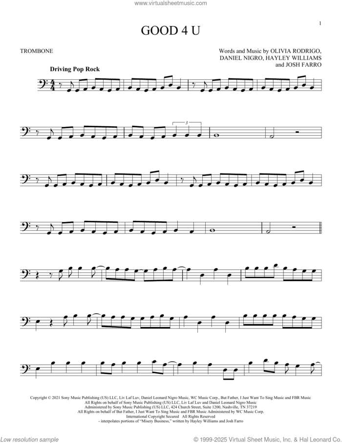 good 4 u sheet music for trombone solo by Olivia Rodrigo, Daniel Nigro, Hayley Williams and Josh Farro, intermediate skill level