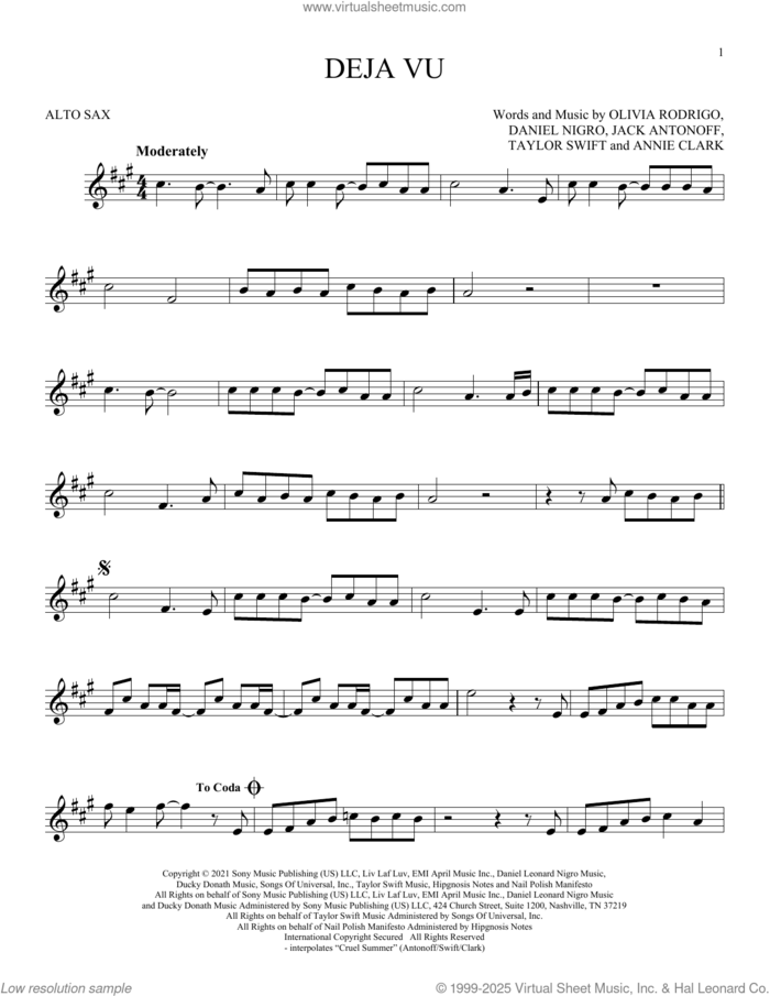 deja vu sheet music for alto saxophone solo by Olivia Rodrigo, Annie Clark, Daniel Nigro, Jack Antonoff and Taylor Swift, intermediate skill level