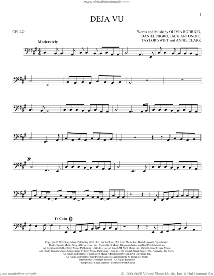 deja vu sheet music for cello solo by Olivia Rodrigo, Annie Clark, Daniel Nigro, Jack Antonoff and Taylor Swift, intermediate skill level