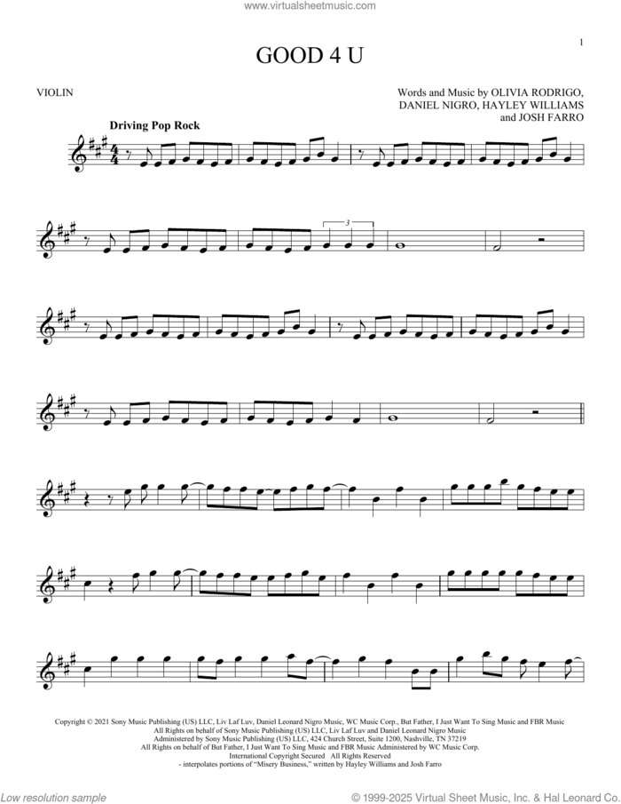 good 4 u sheet music for violin solo by Olivia Rodrigo, Daniel Nigro, Hayley Williams and Josh Farro, intermediate skill level