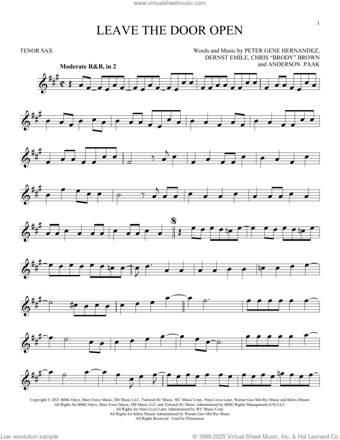 Leave The Door Open sheet music for tenor saxophone solo by Silk Sonic, Anderson .Paak, Bruno Mars, Brandon Paak Anderson, Christopher Brody Brown, Dernst Emile II and Peter Gene Hernandez, intermediate skill level