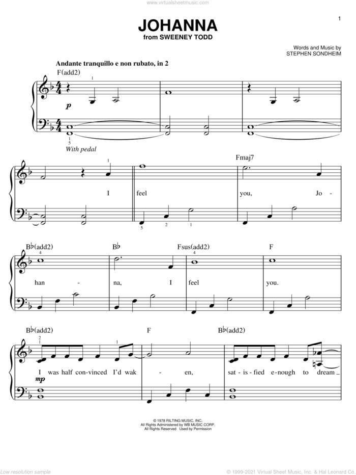 Johanna sheet music for piano solo by Stephen Sondheim and Sweeney Todd (Musical), easy skill level