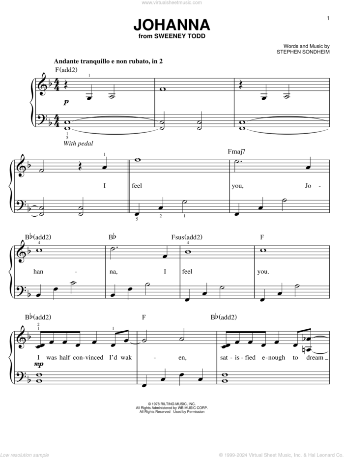 Johanna sheet music for piano solo by Stephen Sondheim and Sweeney Todd (Musical), easy skill level