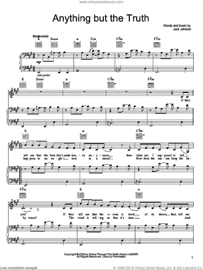 Anything But The Truth sheet music for voice, piano or guitar by Jack Johnson, intermediate skill level