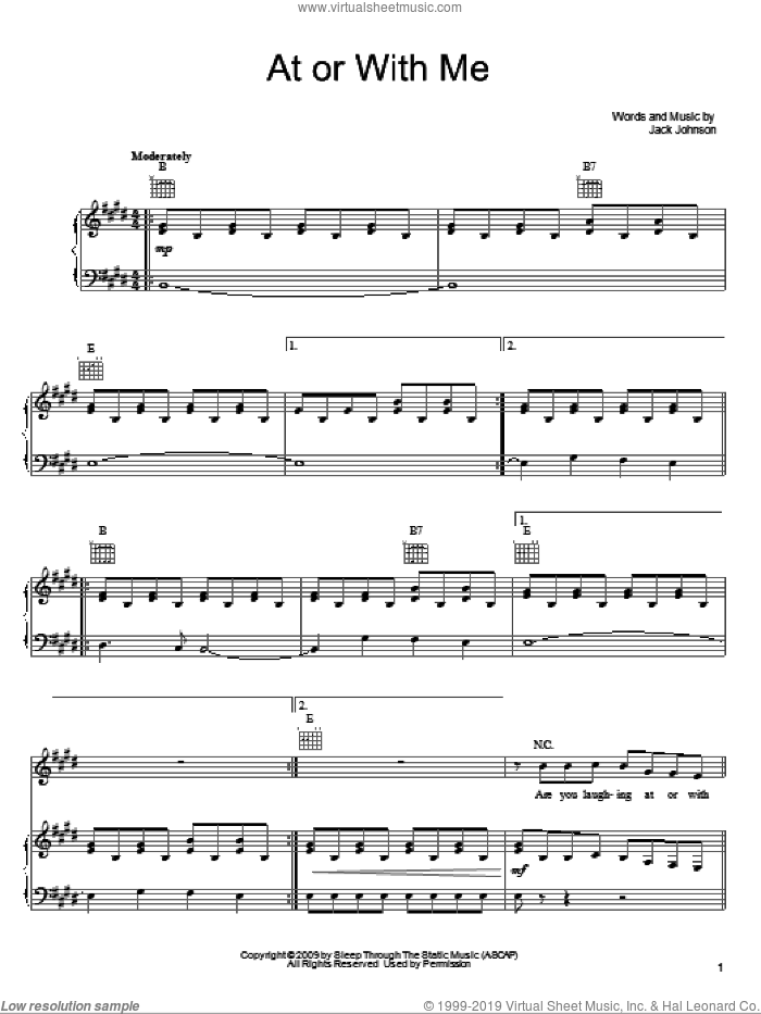 At Or With Me sheet music for voice, piano or guitar by Jack Johnson, intermediate skill level