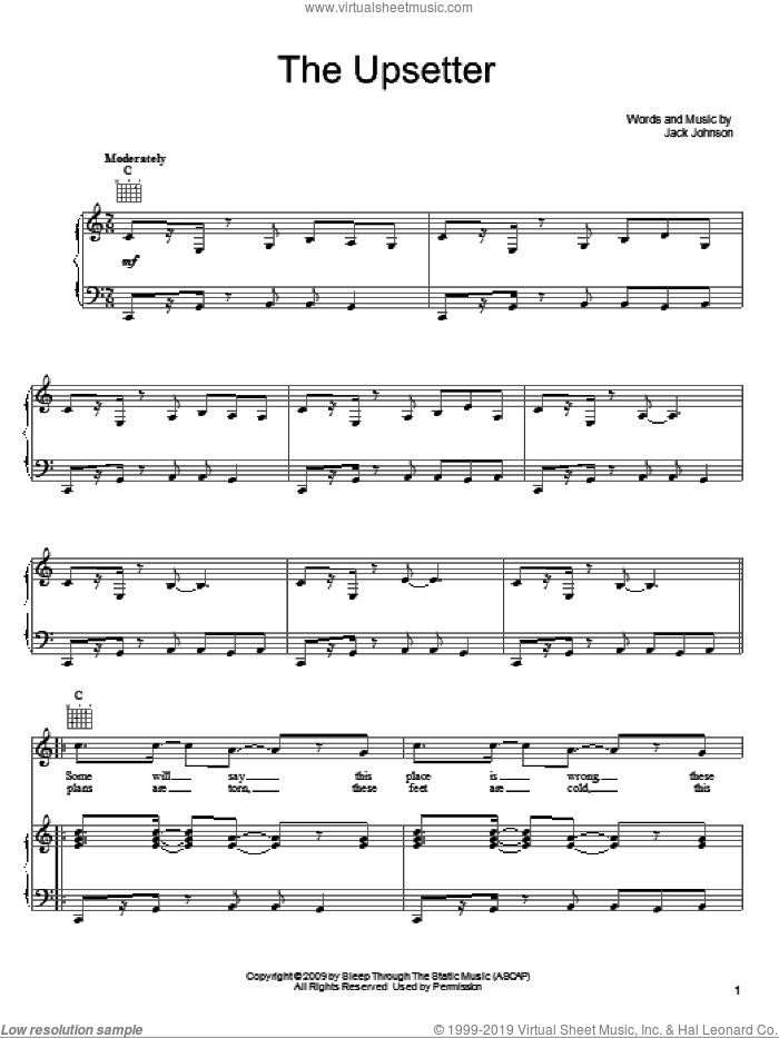 The Upsetter sheet music for voice, piano or guitar by Jack Johnson, intermediate skill level