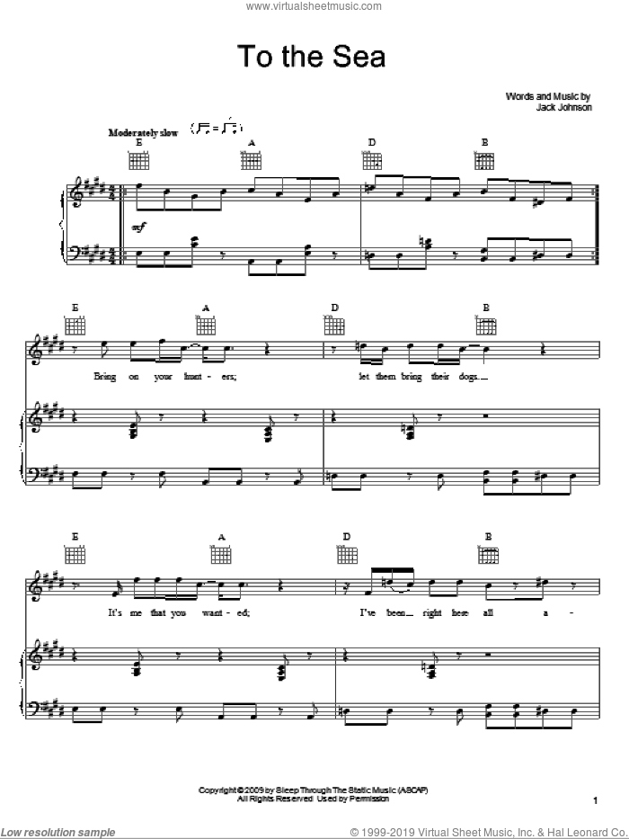 To The Sea sheet music for voice, piano or guitar by Jack Johnson, intermediate skill level