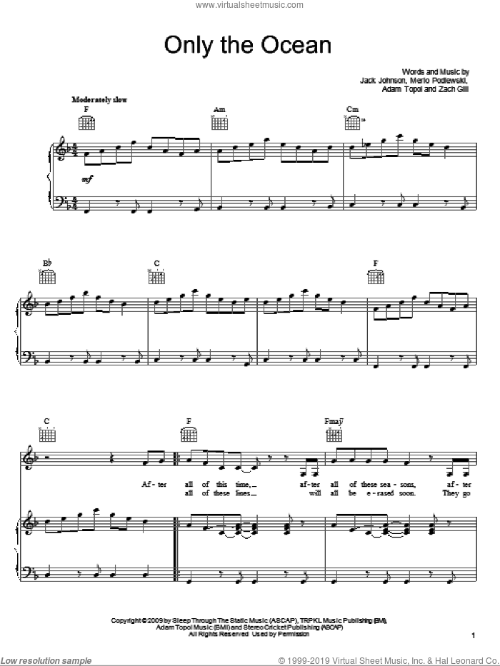 Only The Ocean sheet music for voice, piano or guitar by Jack Johnson, Adam Topol, Merlo Podlewski and Zach Gill, intermediate skill level
