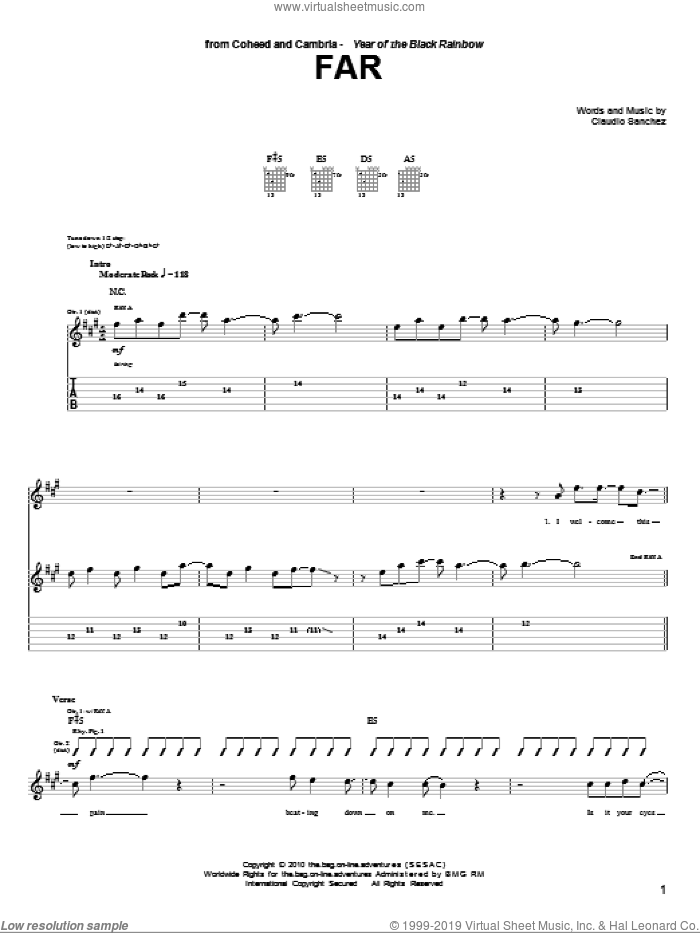 Far sheet music for guitar (tablature) by Coheed And Cambria and Claudio Sanchez, intermediate skill level